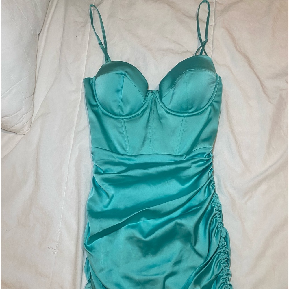 Turquoise ruched corset mini dress